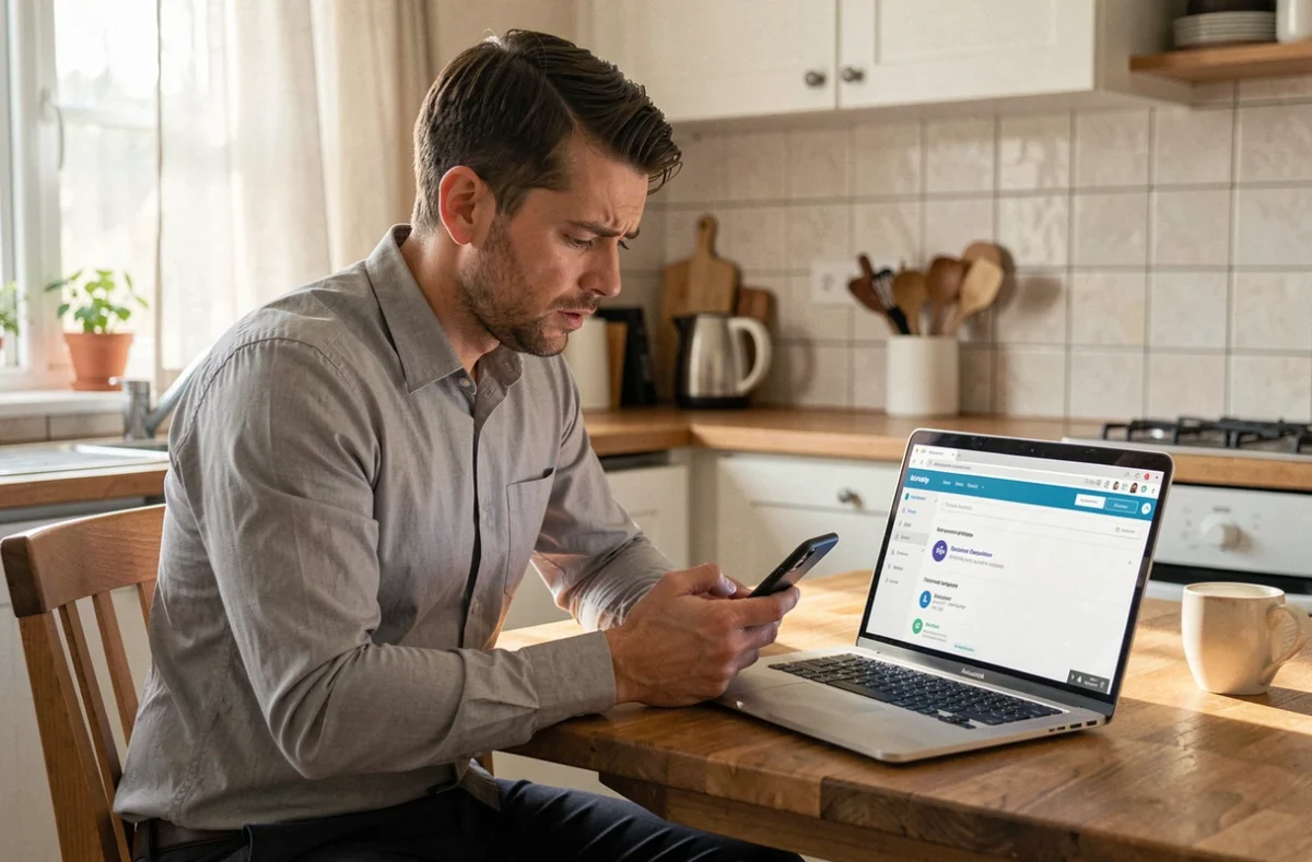 Homme déclarant une absence courte durée en ligne depuis son domicile sur ordinateur portable