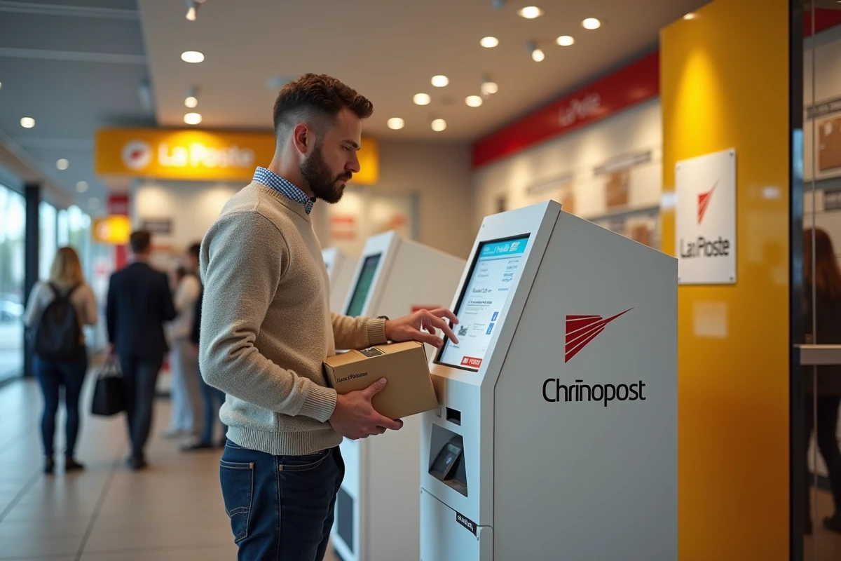 Client déposant un colis Chronopost à un kiosque en libre-service dans une agence La Poste en ville