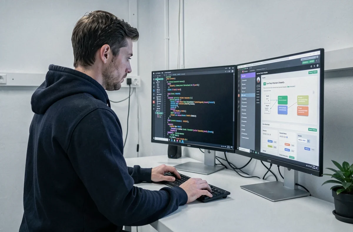 Développeur web et expert SEO technique analysant du code et des données de performance dans son bureau