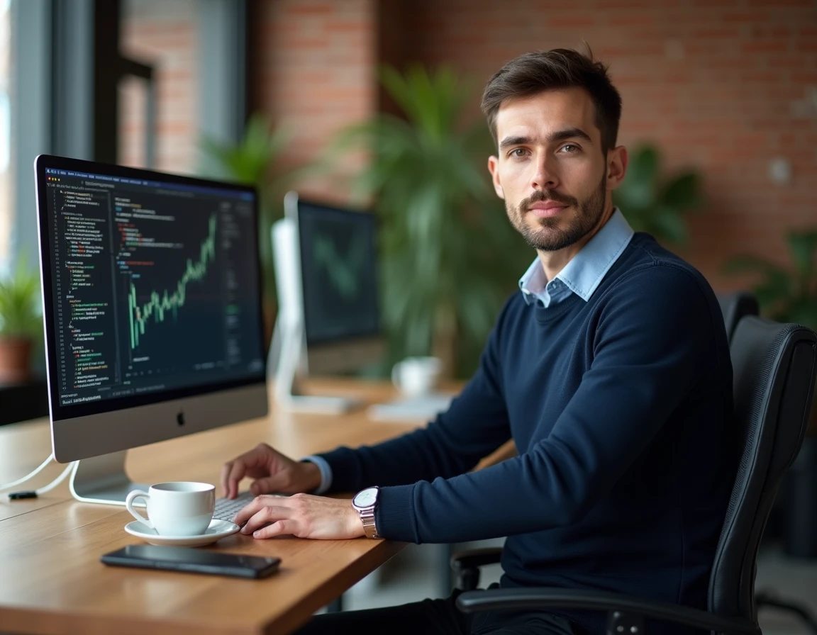 Jeune développeur ou analyste financier travaillant sur des écrans dans un espace de coworking moderne, symbolisant les carrières technologiques et financières à fort potentiel salarial