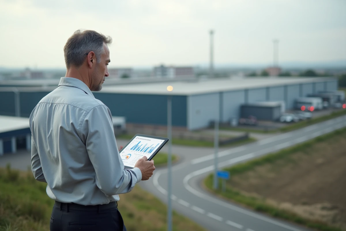 Responsable de développement économique consultant un diagnostic territorial sur tablette en zone industrielle périurbaine