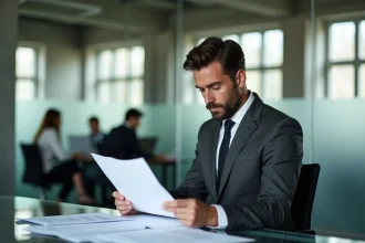 Dirigeant d'une ESN française analysant des rapports de marché dans un bureau moderne en open space