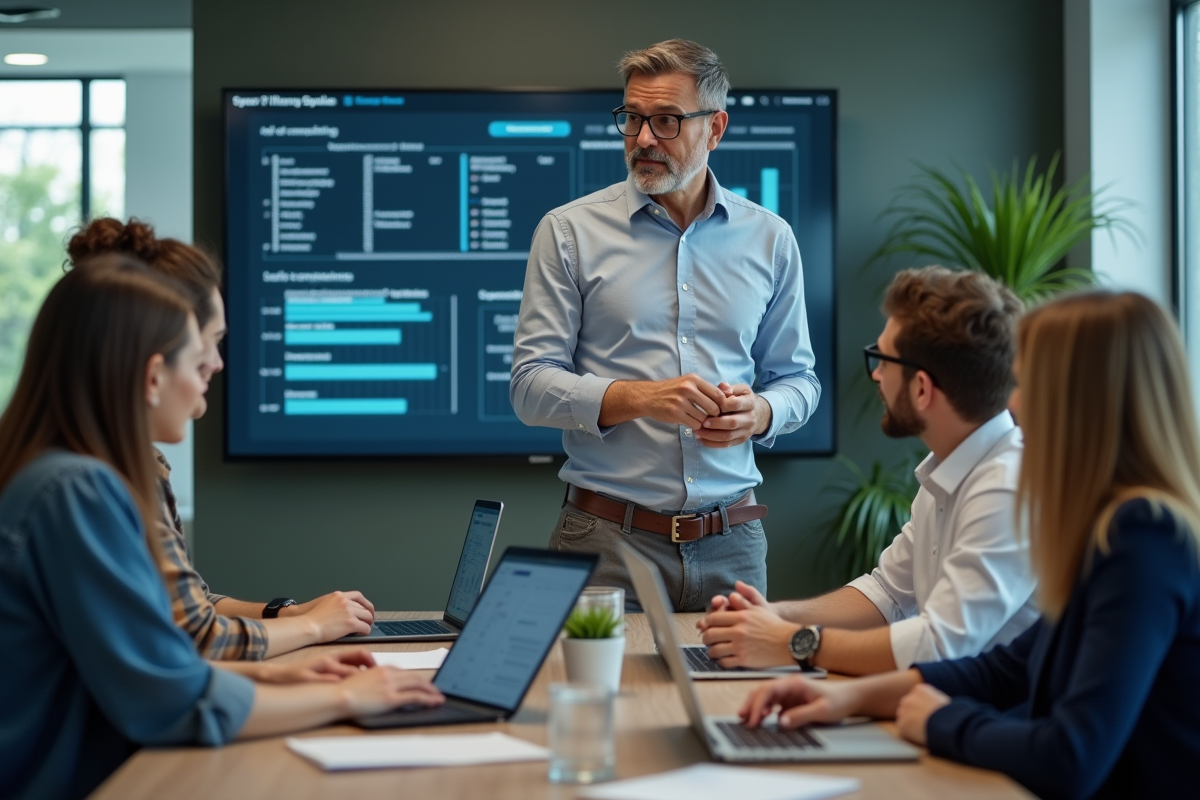 Groupe de collègues en réunion dans un espace de travail ouvert