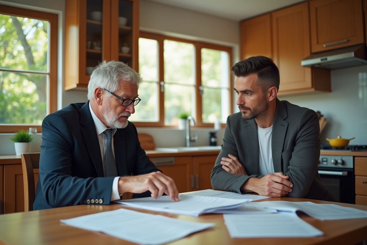 Homme âgé expliquant des papiers à un jeune dans la cuisine