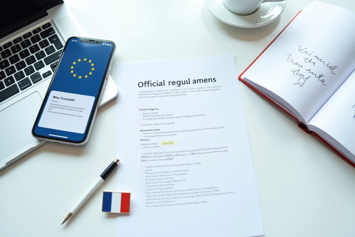 Documents réglementaires français et confirmation de transfert international sur un bureau, illustrant les obligations légales des services de remise de fonds