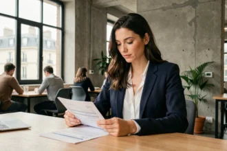 Femme entrepreneur en train d'examiner des documents de création d'entreprise dans un espace de co-working moderne à Villeurbanne