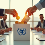 Financement de l’ONU : qui apporte le plus de fonds ? Main de différentes ethnies déposant des pièces d or et billets dans une caisse avec logo ONU