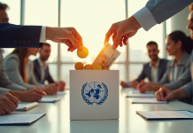 Main de différentes ethnies déposant des pièces d or et billets dans une caisse avec logo ONU
