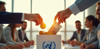 Main de différentes ethnies déposant des pièces d or et billets dans une caisse avec logo ONU