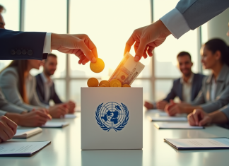 Main de différentes ethnies déposant des pièces d or et billets dans une caisse avec logo ONU