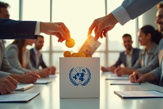 Main de différentes ethnies déposant des pièces d or et billets dans une caisse avec logo ONU
