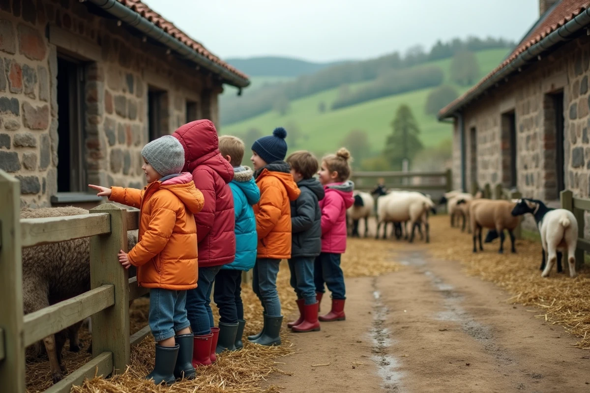 Groupe d'élèves en sortie scolaire observant des moutons et des chèvres dans la cour de la Ferme du Fays