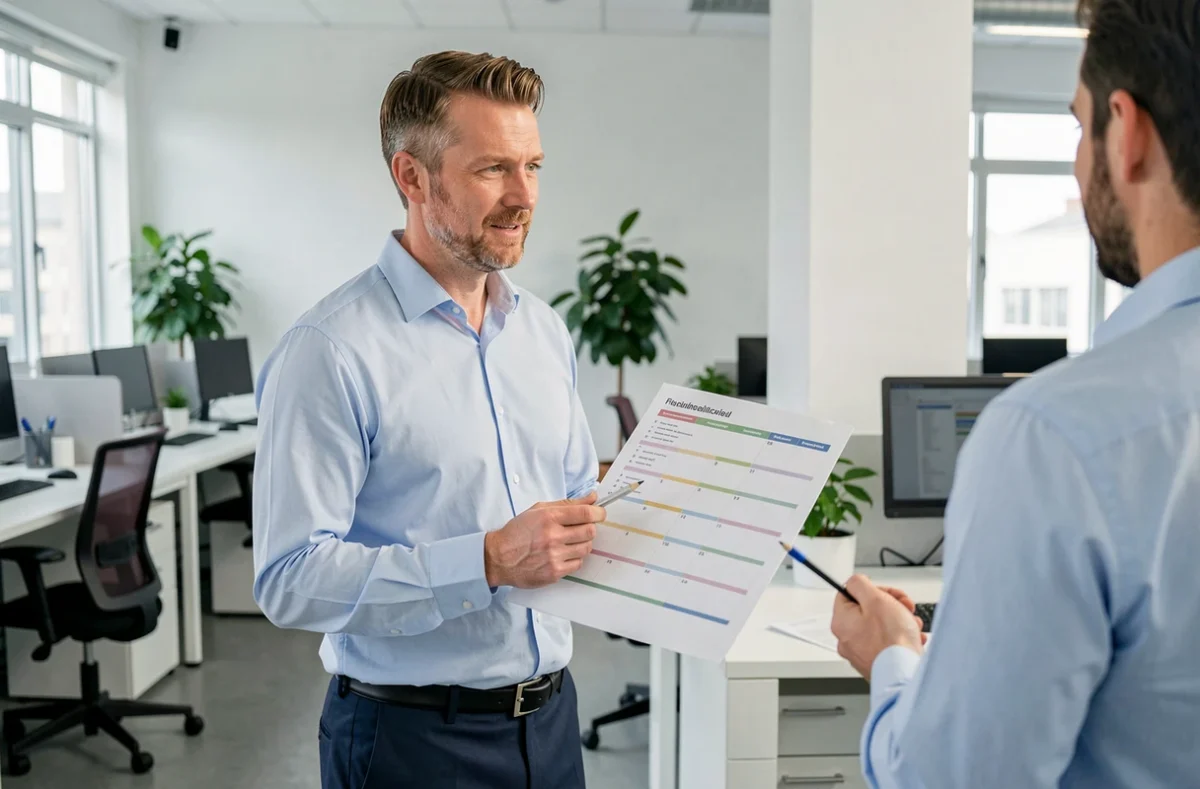 Employé à mi-temps consultant son planning de jours travaillés dans un bureau en open space en 2026