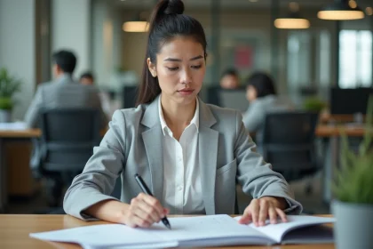 Employée consultant ses documents administratifs concernant ses cotisations Urssaf après une période d'essai