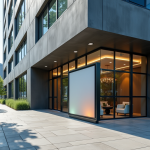 Entrée d un bâtiment moderne avec signalisation marketing