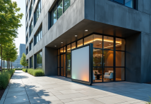 Entrée d un bâtiment moderne avec signalisation marketing