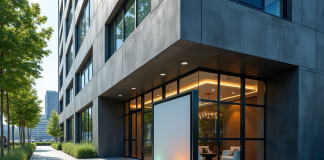 Entrée d un bâtiment moderne avec signalisation marketing