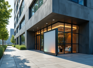 Entrée d un bâtiment moderne avec signalisation marketing