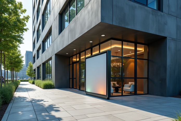 Entrée d un bâtiment moderne avec signalisation marketing