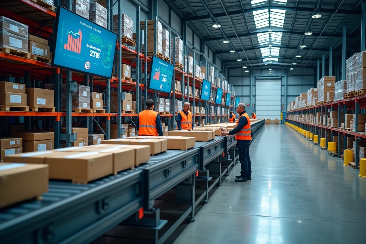 Vue grand angle d'un entrepôt de distribution centrale avec écrans d'indicateurs de performance et opérateurs sur chaîne logistique