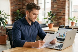 Entrepreneur masculin consultant des documents d'aides financières à son bureau dans un espace de coworking moderne