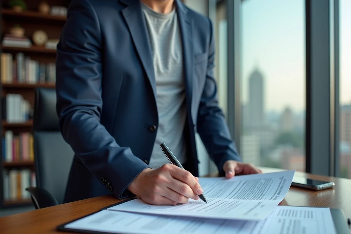 Entrepreneur masculin consultant des documents juridiques pour la création et l'immatriculation rapide de son entreprise dans un bureau moderne