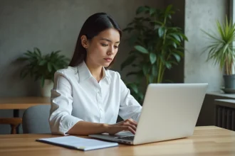 Femme entrepreneur en train de remplir un formulaire d'immatriculation d'entreprise en ligne sur un ordinateur portable dans un espace de coworking moderne