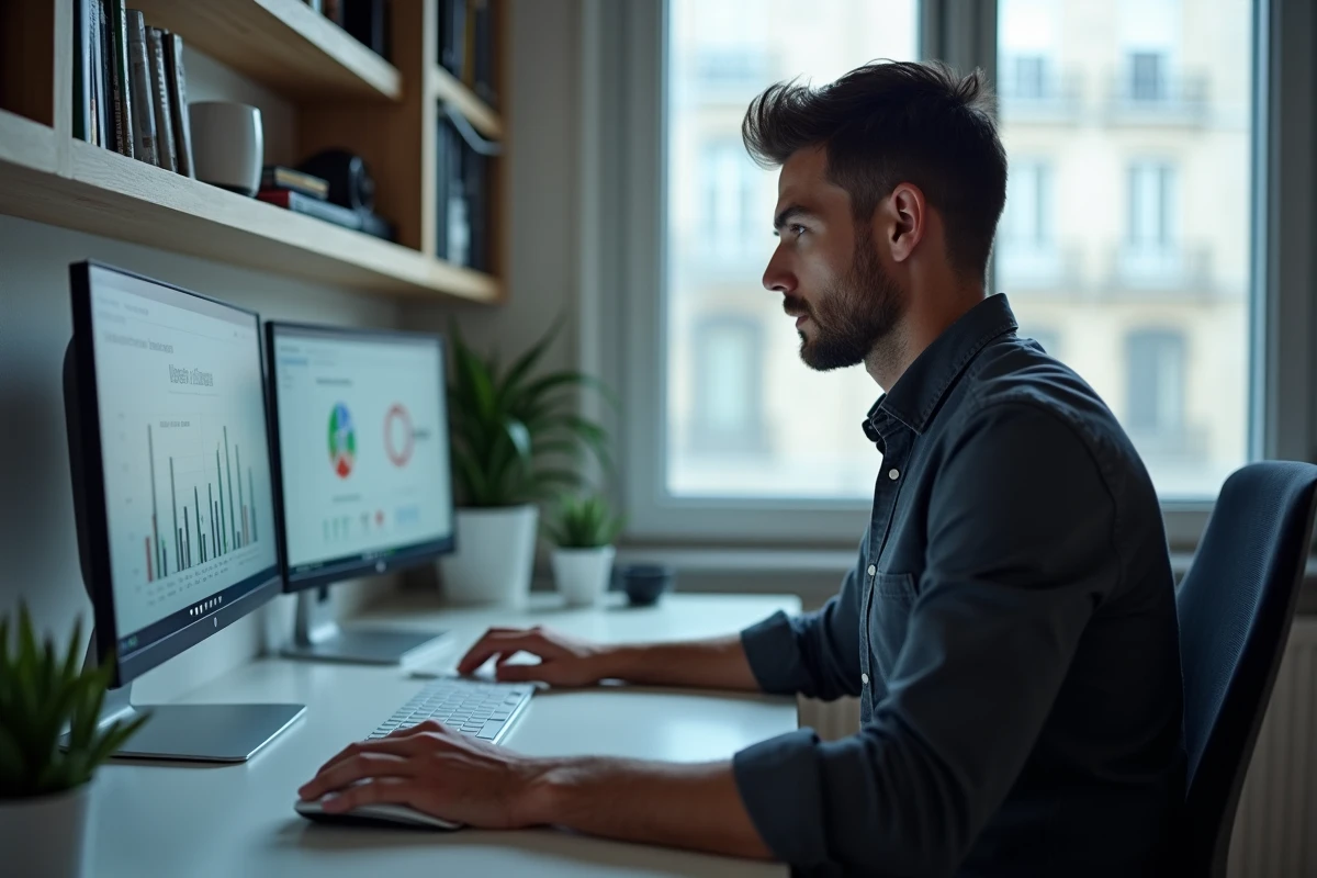Entrepreneur PME analysant des tableaux de bord de croissance avec un service de conseil en ligne