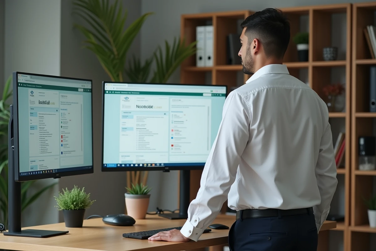 Chef d'entreprise consultant un profil Dun & Bradstreet et un formulaire de crédit fournisseur sur double écran dans un bureau moderne de startup