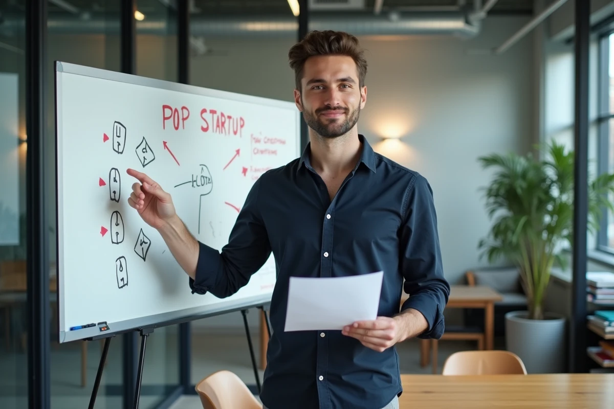 Jeune entrepreneur présentant un schéma de démarrage d'entreprise sur un tableau blanc dans un incubateur