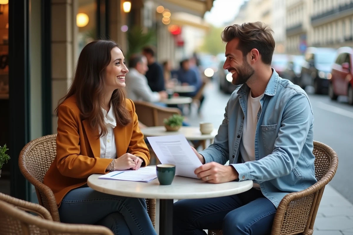 Deux jeunes entrepreneurs en discussion autour d'un projet de création d'entreprise en terrasse de café