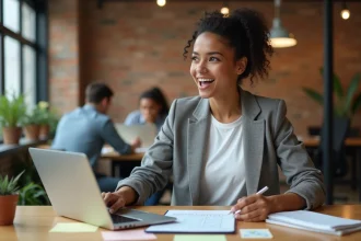 Entrepreneuse débutante travaillant sur un business plan dans un espace de coworking moderne