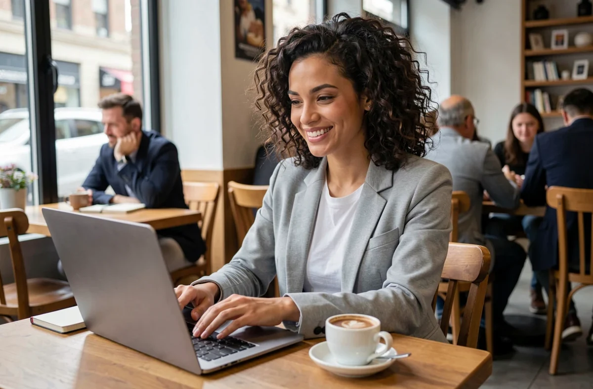 Jeune entrepreneuse souriante consultant des ressources en ligne sur un ordinateur portable dans un café urbain
