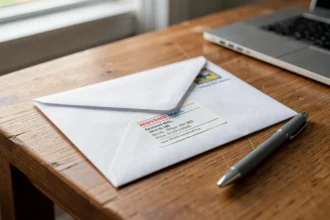 Enveloppe de lettre recommandée posée sur un bureau en bois