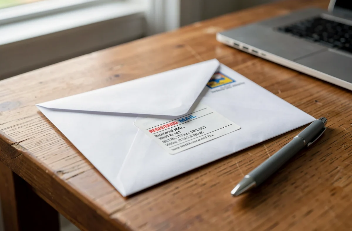Enveloppe de lettre recommandée posée sur un bureau en bois
