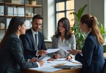 Groupe de professionnels en réunion dans un bureau lumineux