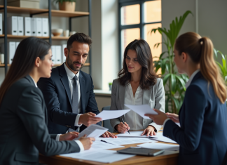 Groupe de professionnels en réunion dans un bureau lumineux