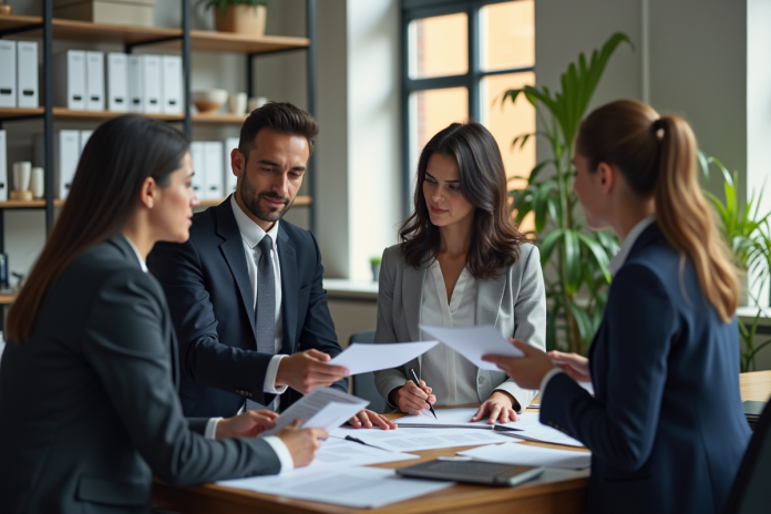 Groupe de professionnels en réunion dans un bureau lumineux