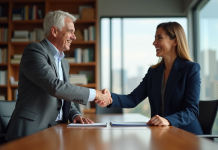 Fusions et acquisitions dans l’entrepreneuriat: importance et avantages Deux professionnels d'affaires se serrant la main dans un bureau moderne