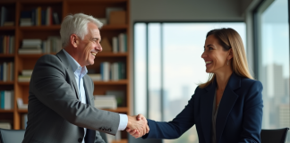 Fusions et acquisitions dans l’entrepreneuriat: importance et avantages Deux professionnels d'affaires se serrant la main dans un bureau moderne