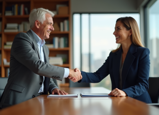 Fusions et acquisitions dans l’entrepreneuriat: importance et avantages Deux professionnels d'affaires se serrant la main dans un bureau moderne