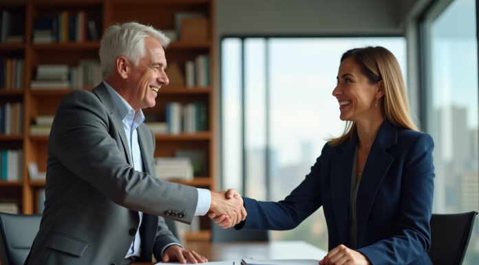 Deux professionnels d'affaires se serrant la main dans un bureau moderne
