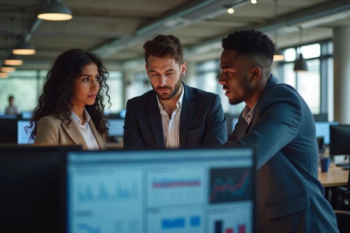 Jeunes auditeurs d'un cabinet Big 4 examinant ensemble des logiciels d'audit automatisés par intelligence artificielle dans un espace de travail collaboratif
