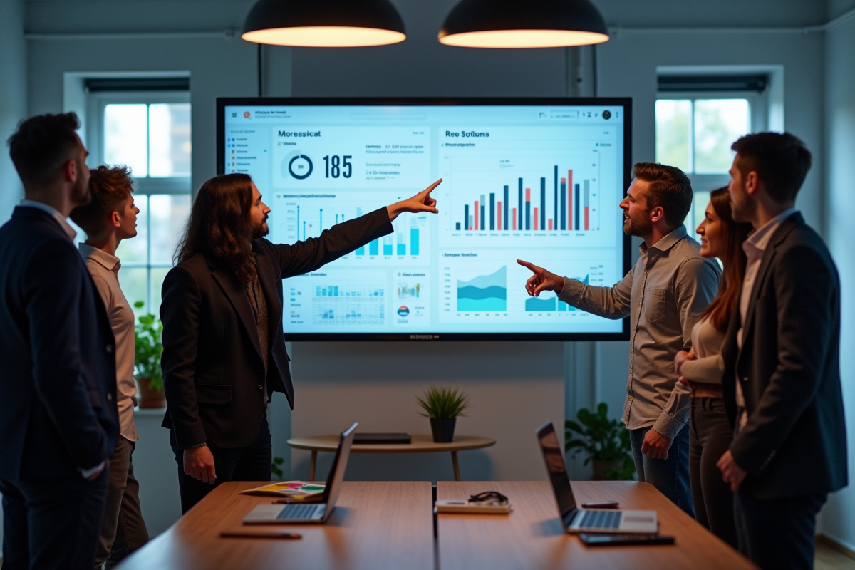 Equipe diverse analysant des graphiques de campagne sur un écran digital