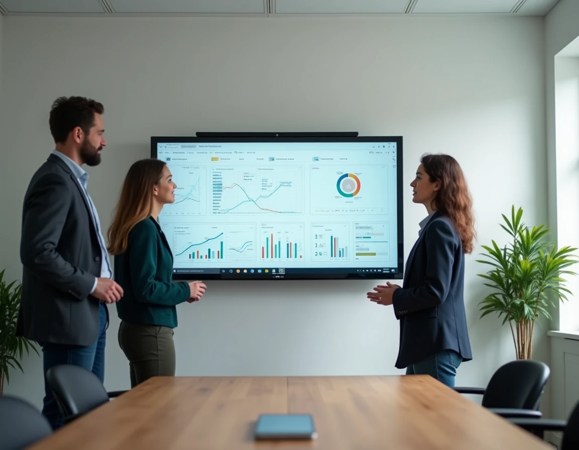 Équipe de consultants IT d'une ESN française collaborant autour d'un tableau de bord numérique en salle de réunion