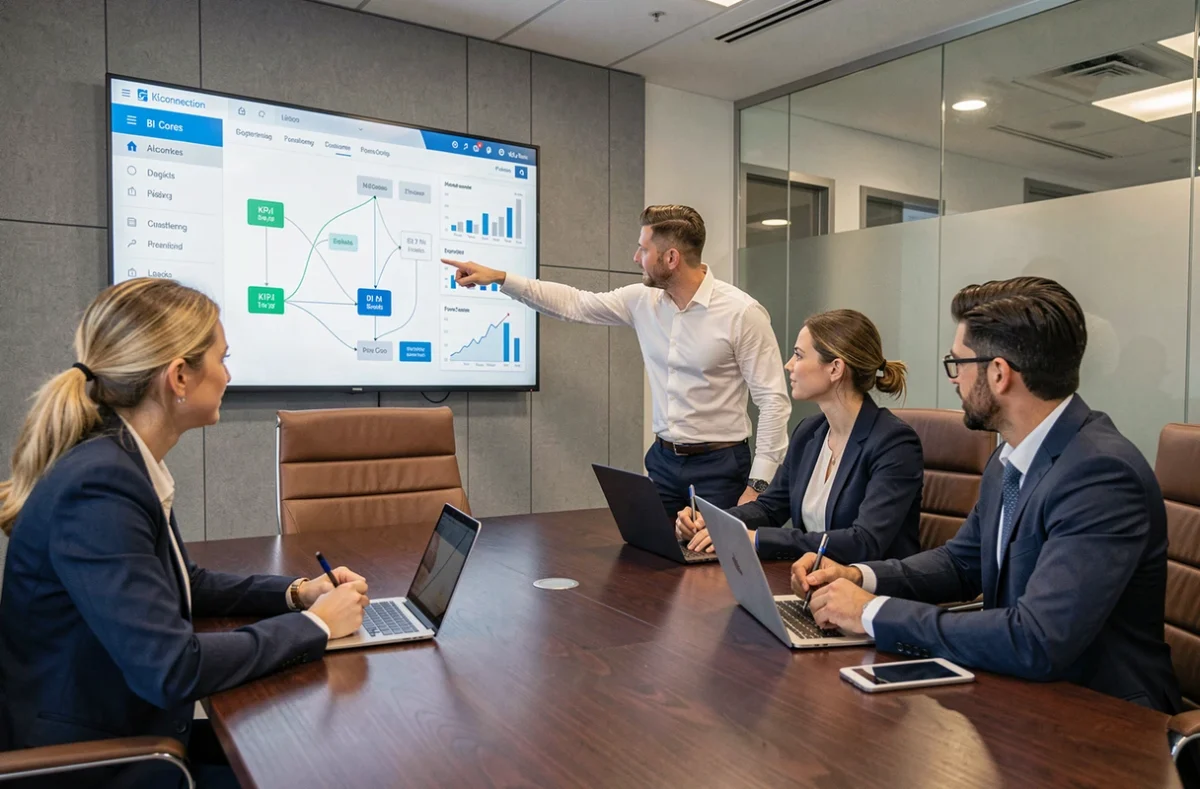 Équipe financière en réunion analysant une interface de connexion BI projetée dans une salle de conférence moderne