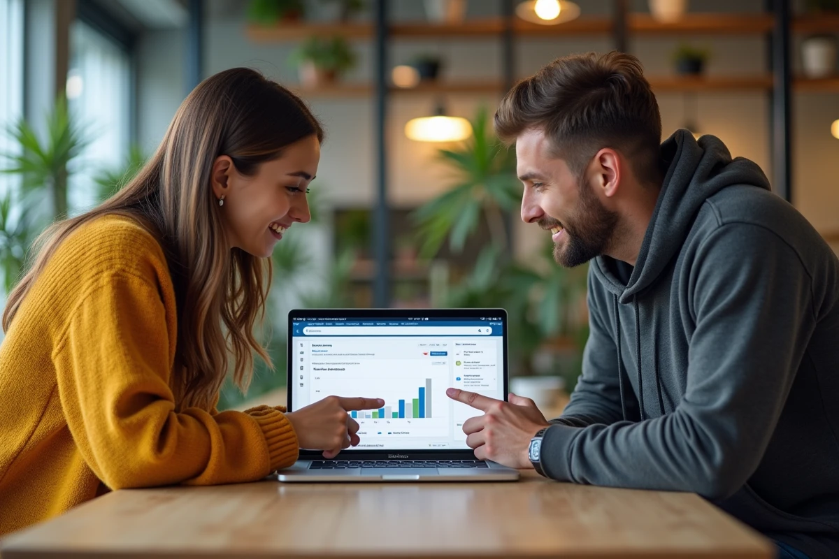 Deux professionnels du marketing digital analysant ensemble un entonnoir de conversion et des variantes d'annonces payantes sur un ordinateur portable
