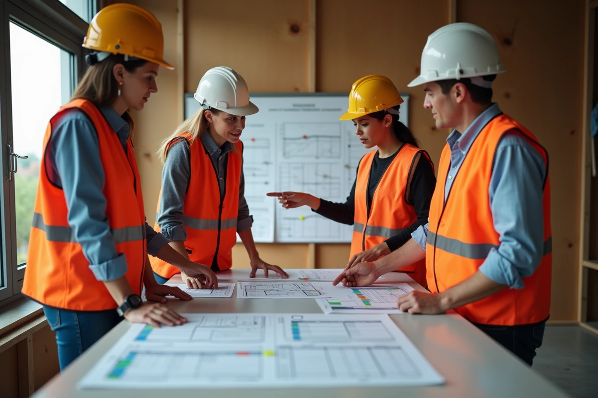Equipe de travailleurs discutant autour d un plan de chantier