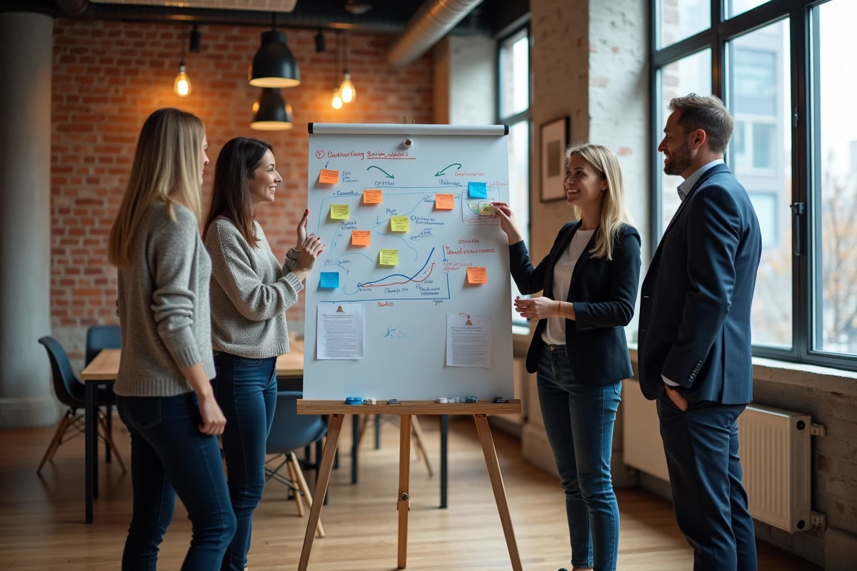 Équipe de PME collaborant sur une stratégie de croissance dans un espace de coworking moderne