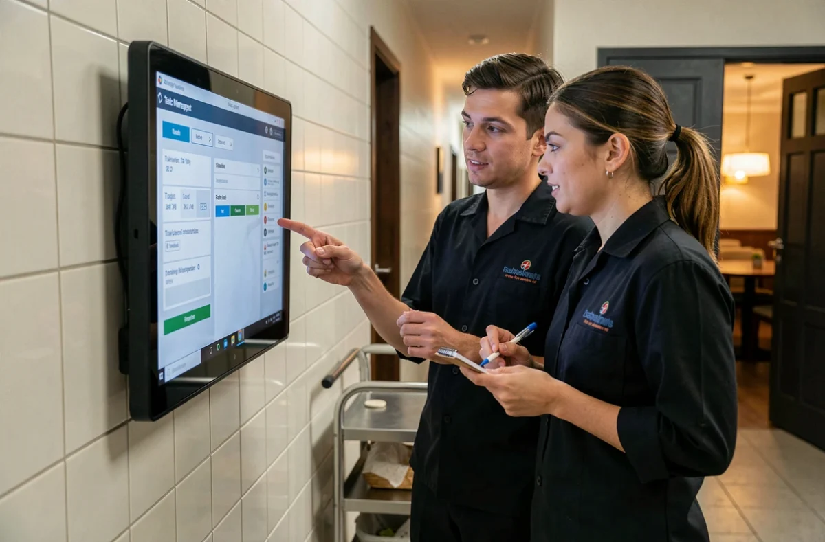 Deux employés de restaurant consultant ensemble un logiciel de gestion des réservations sur écran tactile
